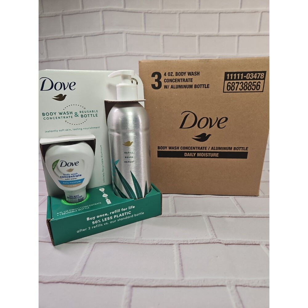 Dove Daily Moisture BODY WASH REFILL Concentrate & REUSABLE Aluminum Bottles 3PK